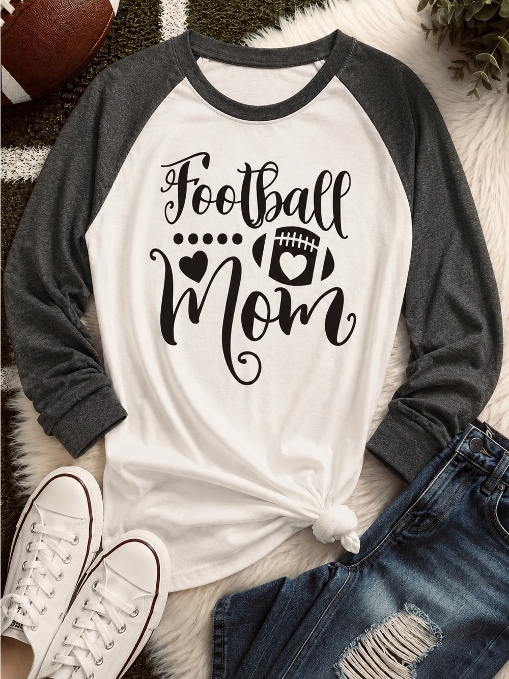 Football Mom Graphic Raglan Tee Gray White Long Sleeve Shirt L